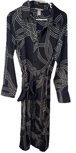 H&M Collared Shirt Dress Med. Black White Abstract Belt Button Down No Wrinkle - Picture 1 of 4
