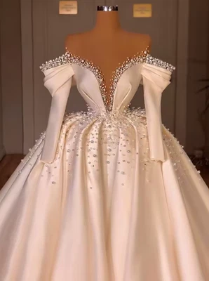 Luxury Pearls A-line Wedding Dress Detachable Long Sleeves Floor Length Princess - Image 1 of 4