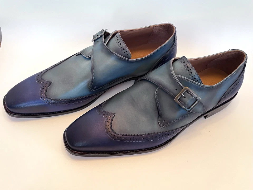 手工制作男式浣熊皮正装鞋僧侣带蓝色青绿色 12 码 US 45 欧元 — 第 1/4 张图片