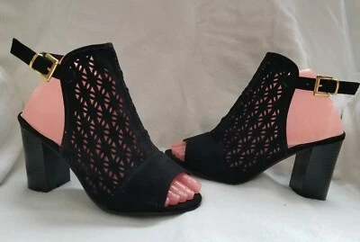 Botín Qupid Donner Negro Gamuza Cuero Recortado Tacón Alto Punta abierta 5.5 $70 Foto 1 de 4