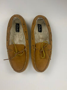 Clarks Mens Suede Moccasins Slippers Size 12 M Cinnamon Leather Faux Fur Lined