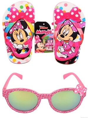 MINNIE MOUSE DISNEY Flip Flops Beach Sandals w/ Optional Sunglasses Toddlers NWT - Image 1 of 4