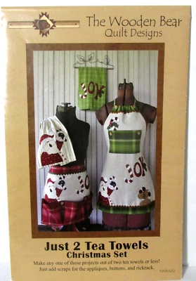 Just 2 Tea Towels Christmas Set Pattern Wooden Bear Quilt Design Santa Joy Apron - Image 1 of 4