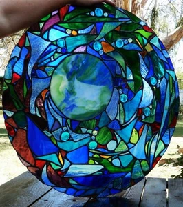 ' MOSAIC ' ABSTRACT Authentic Australian Stained Glass DISK WINDOW DOOR PORTHOLE - Picture 1 of 12