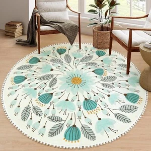 New-Round Rug for Bedroom 4' Circle Cute Area Rug with Pom Poms Fringe Fl - Picture 1 of 5
