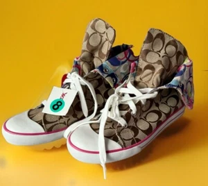 Coach Tan Signature Canvas Logo Shoes Sneakers High Top Bonney Size 8 (7-7 1/2) - Picture 1 of 14