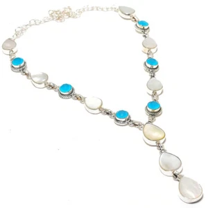 Mother of Pearl Blue Chalcedony Gemstone Silver Plated Necklace Jewelry 18" - Picture 1 of 1