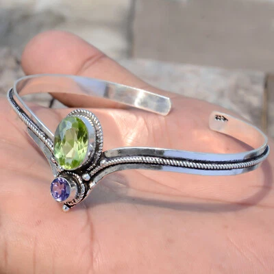 GREEN Peridot, Amethyst Gemstone Bracelet 925 Sterling Silver Man's Cuff Jewelry - Image 1 of 4