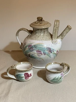 Large Floral Design Rowe Pottery Teapot And Matching Tea Cups; - Image 1 of 4