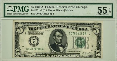 FR #1951-G $5 1928A Federal Reserve Note Chicago AU55 EPQ PCGS 947100-106 - Image 1 of 3