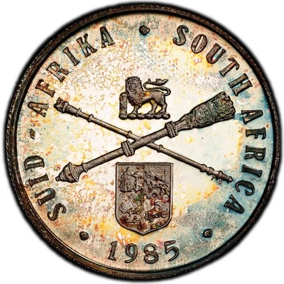 PR68DCAM 1985 South Africa Silver Proof Rand, PCGS Trueview- Rainbow Toned - Image 1 of 4