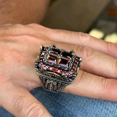 Silver Large Ruby Stone Ring  Turkish Handmade Vintage Axe Model Silver Ring - Image 1 of 4