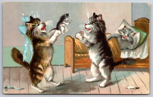 Maurice Boulanger Fantasy~Cats Play Toss The Kitty~Another In Bed~TUCK Humorous - Picture 1 of 2