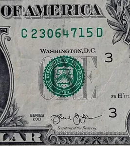 2013 $1 bill fancy serial, complete scattered mixed ladder 0 to 7, 23064715 - Picture 1 of 3