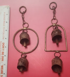 TWO Gold Metal Hanging Bell Wind Chime Windchime Hanging Mobile Boho Handmade - Picture 1 of 4