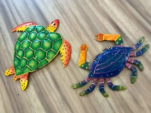 Beach Tropical Wall Art Metallic From Haiti Sea Turtle And Crab - Picture 1 of 5
