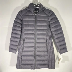 NWT Michael Kors Packable Down Fill Gray Puffer Jacket Women's Small Hood FLAW - Picture 1 of 9