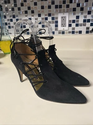 Bombas pontudas vintage Walter Steiger camurça preta com cadarço tamanho 6 - Imagem 1 de 4