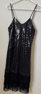Vestido De Colección Negro Lentejuelas Flecos Años 20 Gatsby Flapper 10/12 Disfraz Unión EE. UU. Fiesta - Imagen 1 de 12