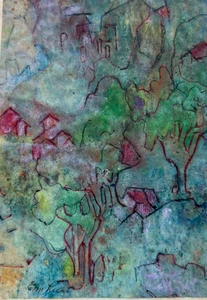 Modern Drawing Original signed Red Blue Green Abstract Evelyn Markon Licht - Picture 1 of 8