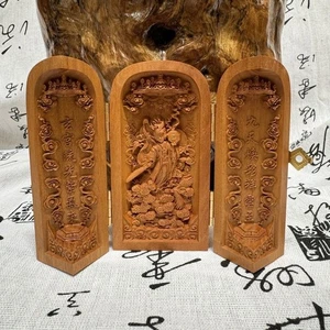 Neun Himmel Göttin Schnitzerei Triptychon Taoist Dekor Blitz Ziziphus Holz Statue - Bild 1 von 6