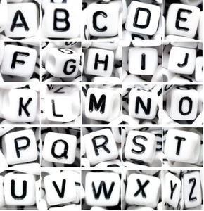 wholesale 500 pcs square alphabet letter white cube beads with black letter - Picture 1 of 28