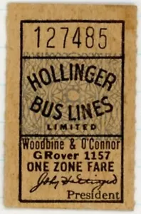 Biglietto tariffario autobus Hollinger linee una zona 4 Woodbine & O'Connor GRover 1157 - Foto 1 di 2