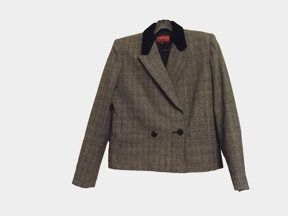 Chaqueta Blazer De Colección Sasson Negra a Cuadros Cuello Terciopelo Acento Hong Kong Bolsillos 4/5 Foto 1 de 4