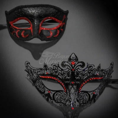 His & Her Couple Masquerade Mask, Black Red Themed Phantom Mask M6107, M7110 - Image 1 of 4