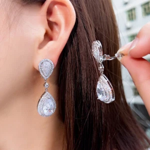 Elegant Cubic Zirconia Long Water Drop Non Pierced Clip On Earring Silver Plated - Picture 1 of 8