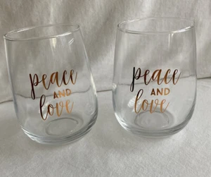Set Of Two Wine Glasses - Gold Font Peace And Love. Holiday Wine Glasses. - Picture 1 of 3