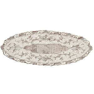 Vintage beige hand crochet doily 28”x 12” oval table topper flower tablecloth - Picture 1 of 3