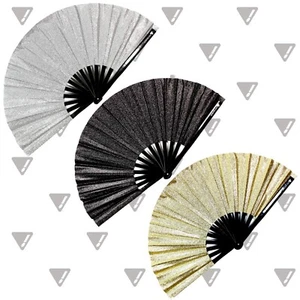 Sparkling Glitter Large Bamboo Folding Hand Clack Fan for Line Dancing Rave EDM - Picture 1 of 16