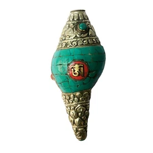 Tibetan Blowing Shankh Conch Shell Trumpet Horn Statue Turquoise Tile Home Décor - Picture 1 of 5