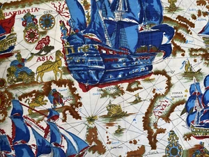 Fabric World Map Ship 1 Yard MCM Sail Lion Camel Compass Barbaria Asia Italy - Picture 1 of 6