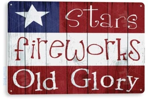 Fireworks Old Glory Patriotic Independence Rustic Metal Flag Tin Sign B764 - Picture 1 of 3