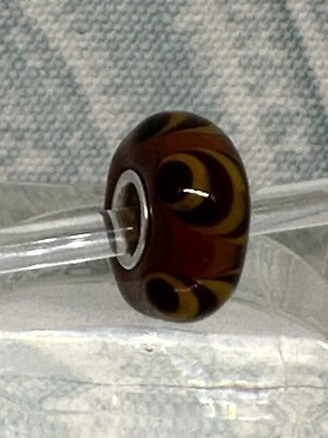 Authentic Trollbeads OOAK Dark Brown & Mustard Yellow Scallops on Brown UU, New - Image 1 of 4