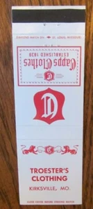 COPERTINA LIBRO FIAMMIFERI NEGOZIO DI ABBIGLIAMENTO: ABBIGLIAMENTO DA TROESTER (KIRKSVILLE, MISSOURI) -G23 - Foto 1 di 1