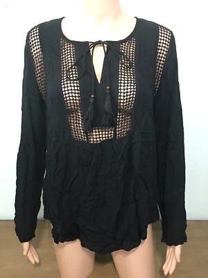 Blusa Camisa Joseph A Mujer M Top Arrugado Crochet Encaje Negra Manga Larga Elastizada Foto 1 de 4