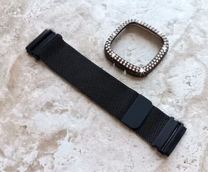 Black Milanese Band and Crystal Case Cover for Fitbit Versa 2 3 4 and Sense 1 2 - Picture 1 of 12