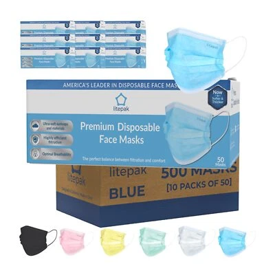 500 Pack Blue Safety Masks 3 Layer Premium Comfort Disposable Face Coverings - Image 1 of 4