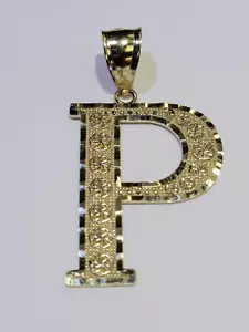 Ciondolo Charm Lettera P Iniziale XXL Blocco Oro Giallo Massiccio 14K - Foto 1 di 8
