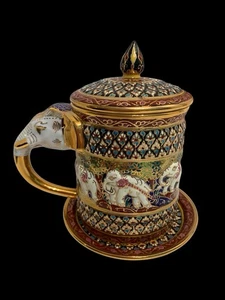 Vintage Thai Benjarong Porcelain White Elephant Mug & Saucer Moriage Enameled - Picture 1 of 7