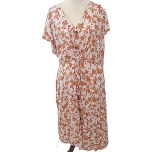 Vestido midi Henry Oscar talla 18 naranja blanco floral cuello en V botón delantero - Imagen 1 de 7