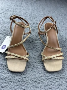 A New Day Damen-Sandalen Größe 6 hellbraun geflochtene Riemchen Pfennigabsatz Knöchelriemen - Bild 1 von 7