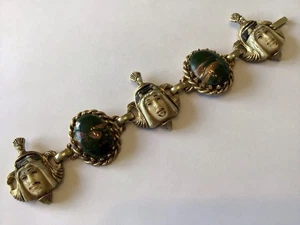 VINTAGE SELRO SELINI EGYPTIAN PHARAOH CABOCHONS & FOIL RHINESTONE BRACELET - Picture 1 of 2