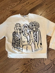 Zara Sweatshirt Rundhals Damen Creme W Schwarz Gr. M Artsy Ladies Raised Graphic - Bild 1 von 5