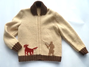 Great! Vintage Hunting Pheasant Dog Cowichan Wool Cardigan Sweater Adult M L - Picture 1 of 6