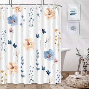 QOQIBU Floral Shower Curtain for Bathroom, Watercolor Blue Beige Flower Bathroom - Picture 1 of 1