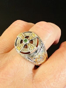 Sterling Silver Gold Plate Emerald Celtic Cross Men's Ring Franklin Mint Size 14 - Picture 1 of 8